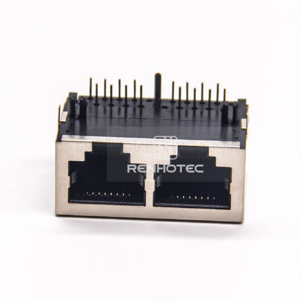 Dual Port RJ45 Connector Shielded Angled Through Hole PCB Mount