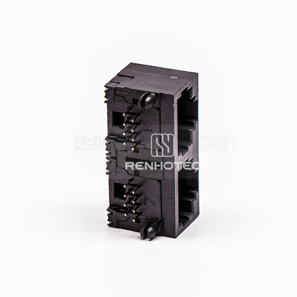90 Degree RJ45 Connector Female 2 Port 8P Black Gold Plated Unshield Without LED