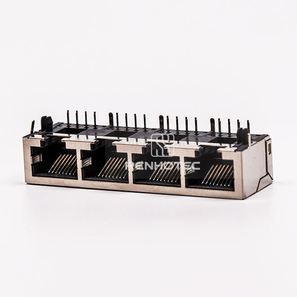 Metal RJ45 Connector Female R/A 4 Port with Shield and without LED for PCB