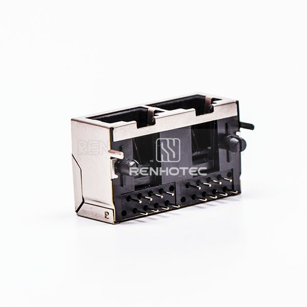 2 Port RJ45 Female Connector 90° with Shield and Without LED for PCB Mount