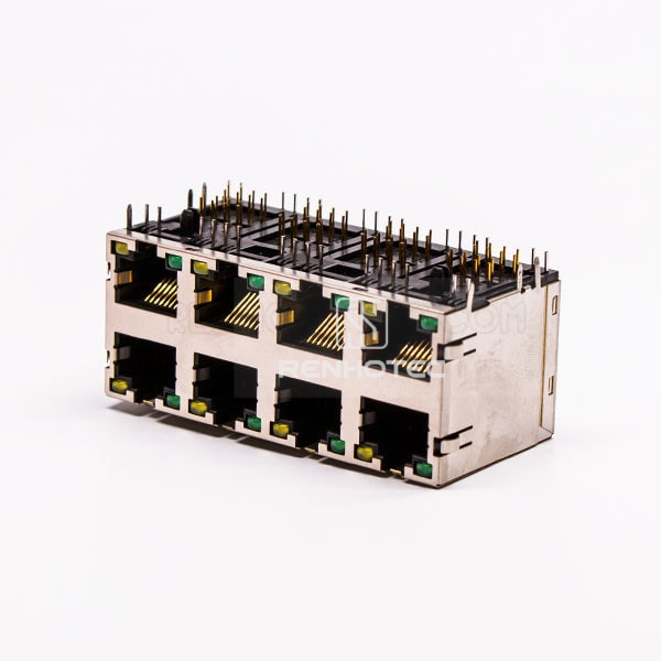 Female Right Angle RJ45 8 Pin Connector 8 Port Gold Plated with Shield and LED for PCB