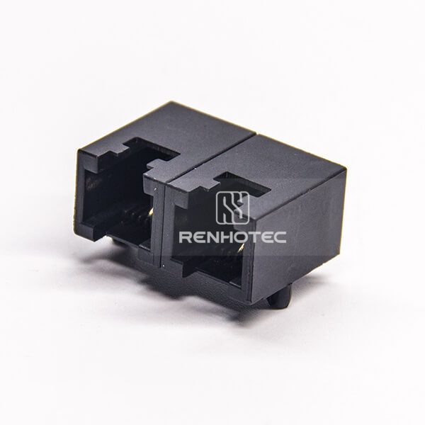 6P2C RJ11 Jack Black Dual Port Right Angle DIP Type PCB Mount Unshielded
