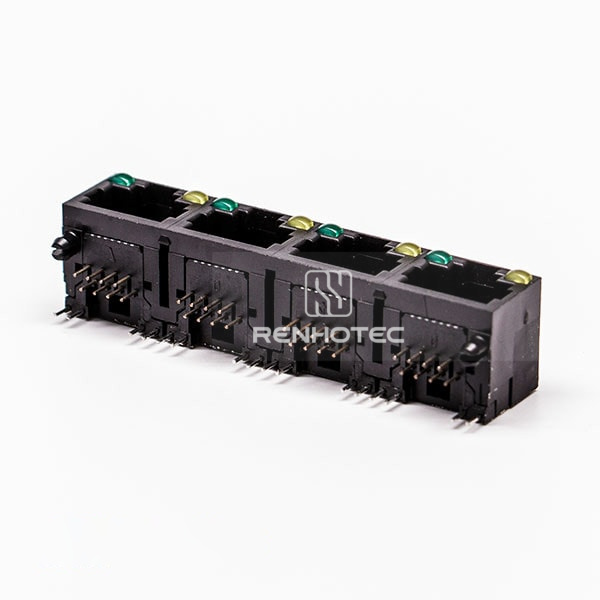 Unshield 4 RJ45 Female Connector 4 Port 1*4 Black Right Angle With LED for PCB