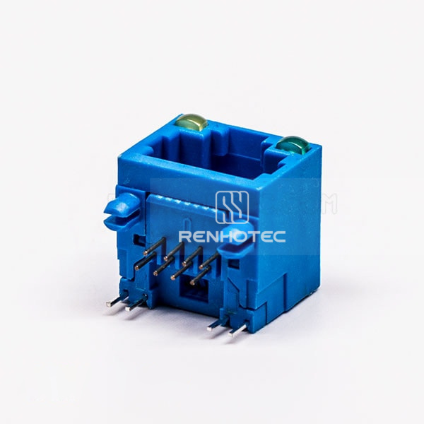 Female RJ45 Connector 1 Port 90 Degree Blue without Shield and With LED for PCB
