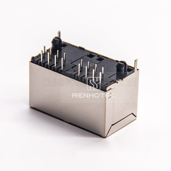 RJ45 Dual Port 1*2 Vertical Shielded Shell Through Hole PCB Mount