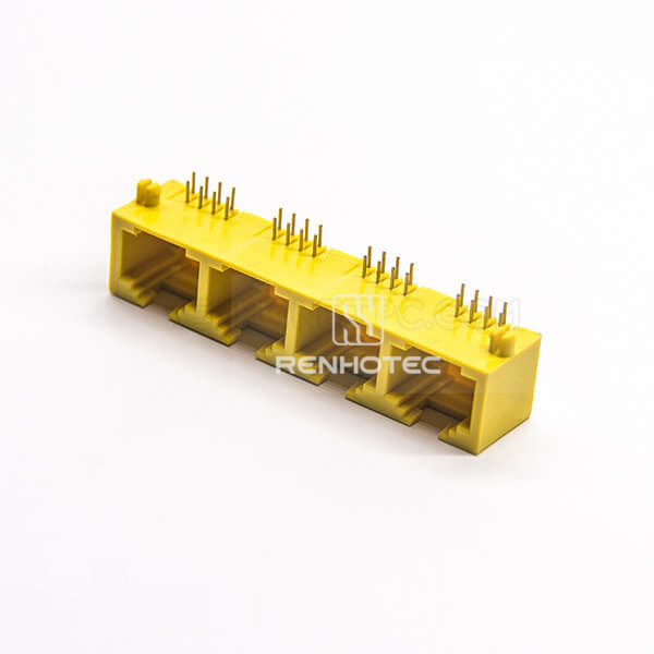 4 Port RJ45 Ethrenet Netword Socket Yellow Plastic Angled DIP for PCB Mount