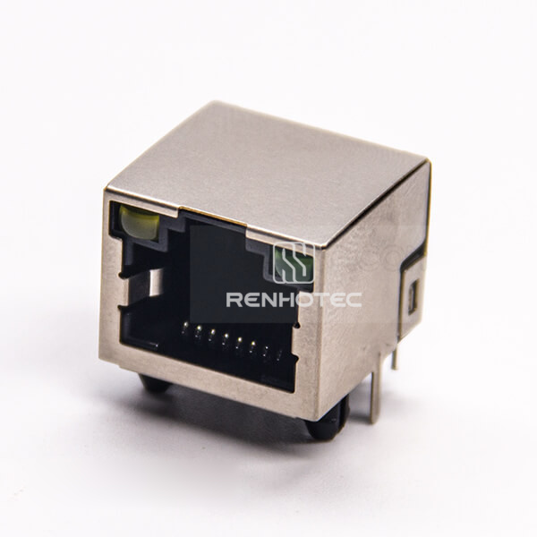 RJ45 Shielded Connector With LED Single Port Angled Through Hole