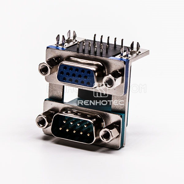 DB 15 Pin Stacked 90 Degree Female and 9 Pin Male Connector for PCB Mount