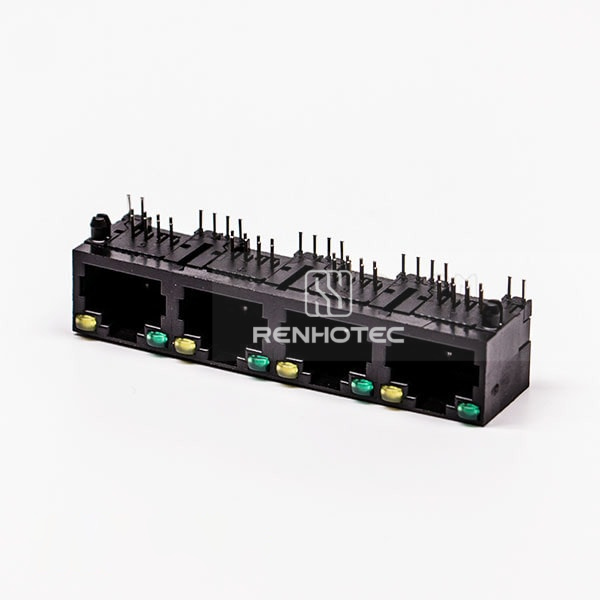 Unshield 4 RJ45 Female Connector 4 Port 1*4 Black Right Angle With LED for PCB