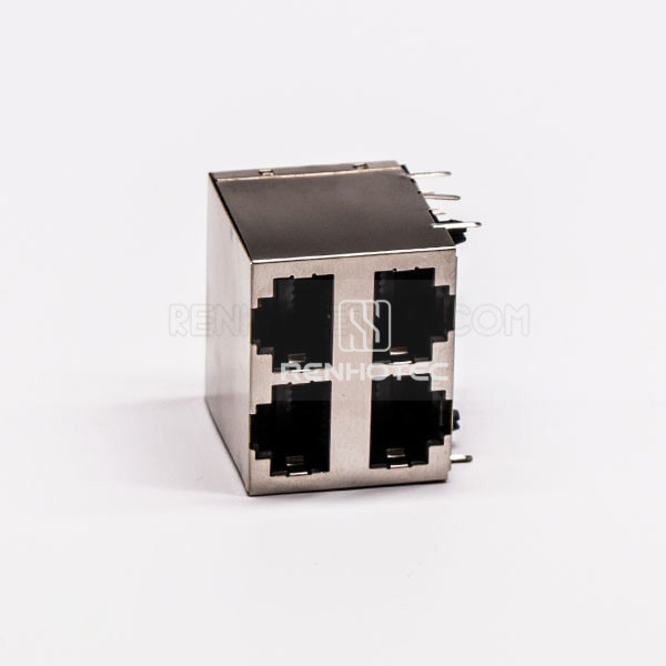 Dual 2*2 Female RJ45 Connector R/A 4 Port with Shield Without LED for PCB Mount