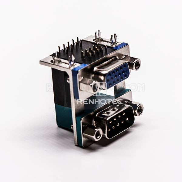 DB 15 Pin Stacked 90 Degree Female and 9 Pin Male Connector for PCB Mount