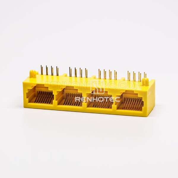 4 Port RJ45 Female modular 90 Degree Connector 8P Yellow Unshield Without LED