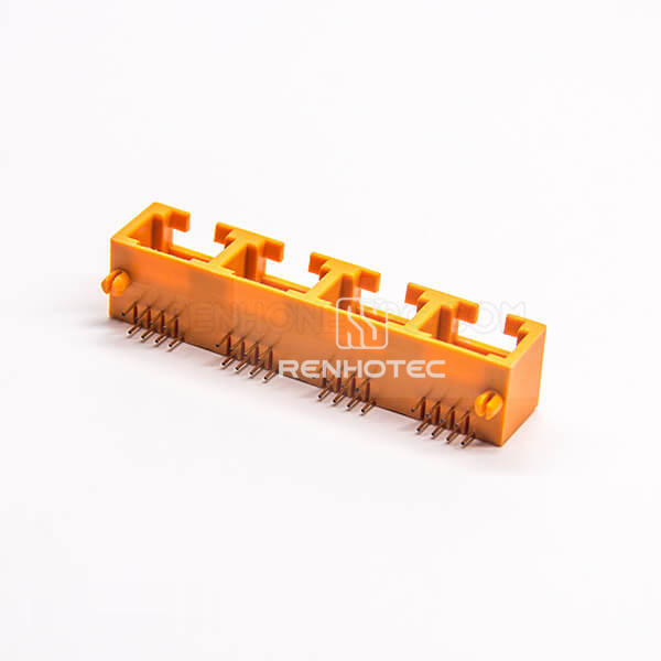 Orange RJ45 Modualr Jack Connector 1x4 Port 90 Degree PCB Mount Through Hole