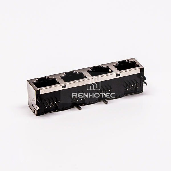4 Port RJ45 Connector Female Right Angle 8P with Shield With LED for PCB