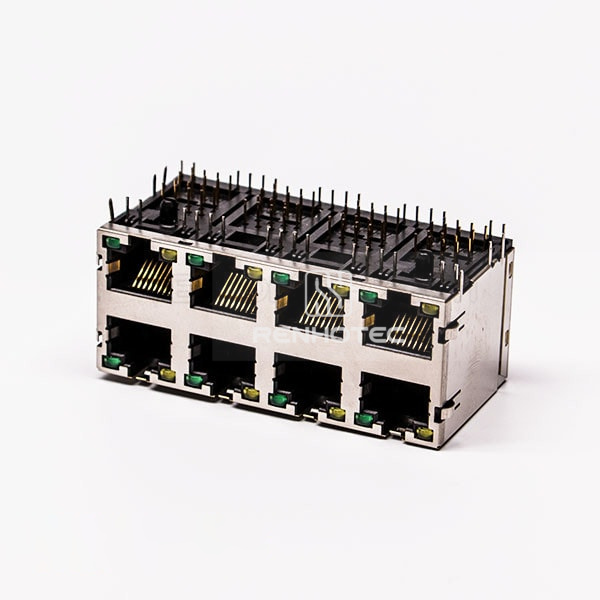 Female Right Angle RJ45 8 Pin Connector 8 Port Gold Plated with Shield and LED for PCB
