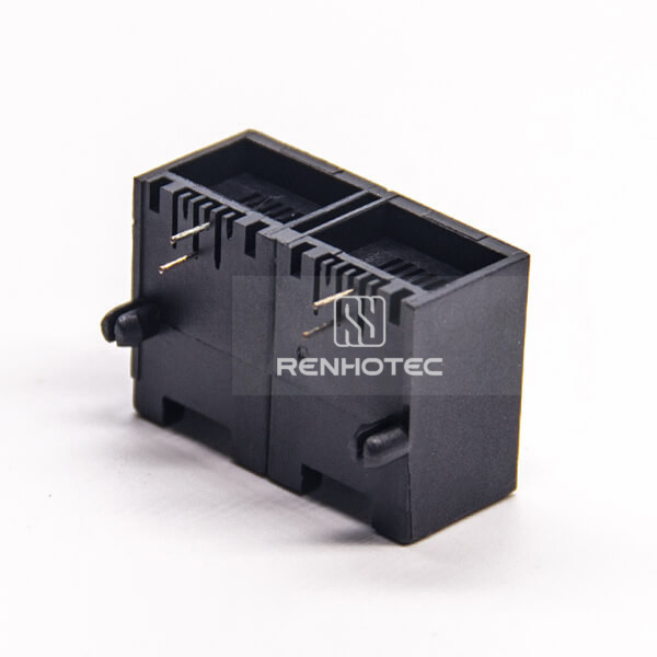 6P2C RJ11 Jack Black Dual Port Right Angle DIP Type PCB Mount Unshielded