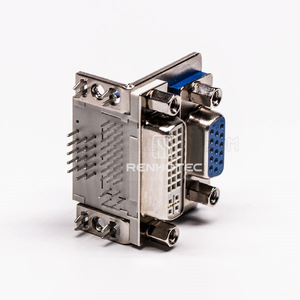 Right-Angle Stacked DVI 24+5 Female / VGA 15 Pin Female Connector, Blue