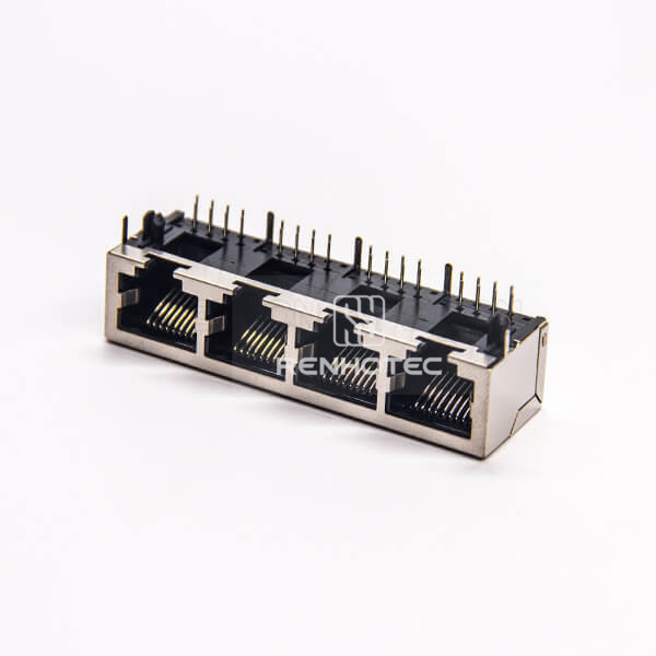 RJ45 Through Hole Network Jack Shielded 4 Port with EMI DIP PCB Mount