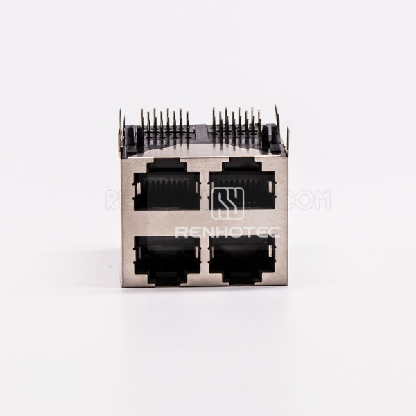 Dual 2*2 Female RJ45 Connector R/A 4 Port with Shield Without LED for PCB Mount