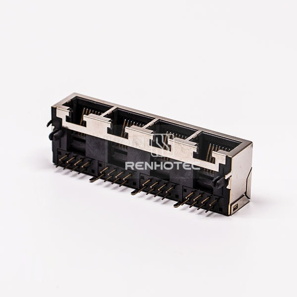 Metal RJ45 Connector Female R/A 4 Port with Shield and without LED for PCB