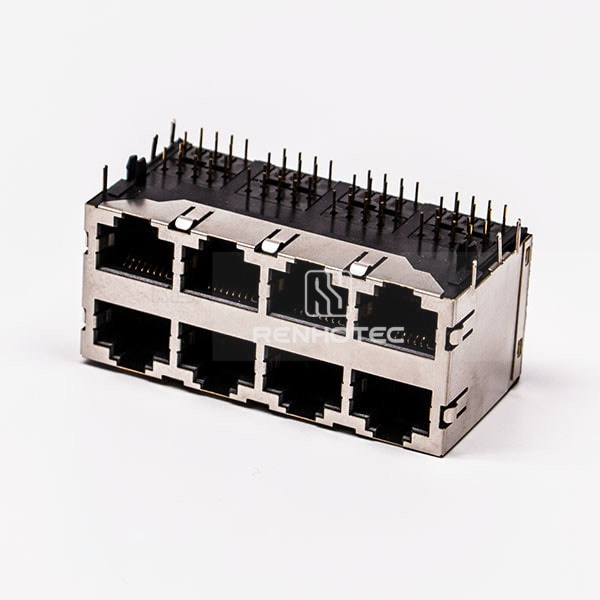 Double RJ45 Female Connector 8 Port 2*4 without LED and with Shield for PCB