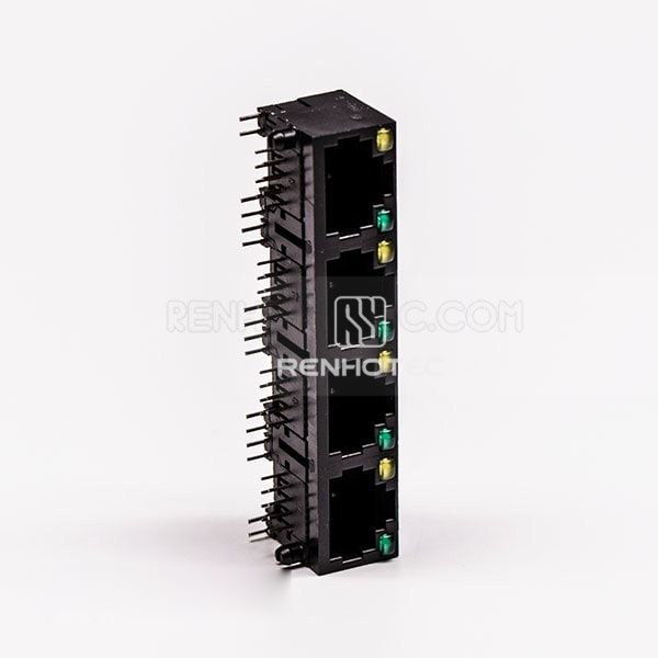 Unshield 4 RJ45 Female Connector 4 Port 1*4 Black Right Angle With LED for PCB