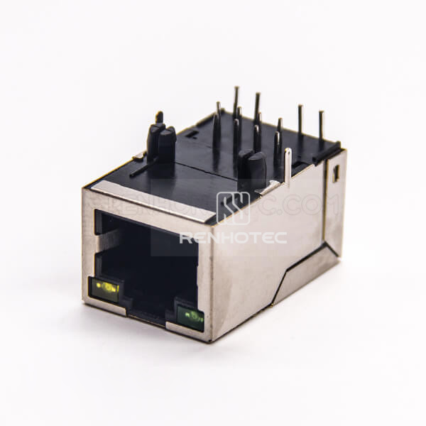 Shielded Right Angle RJ45 PCB Mount 8P8C Through Hole Modular Connector with LED