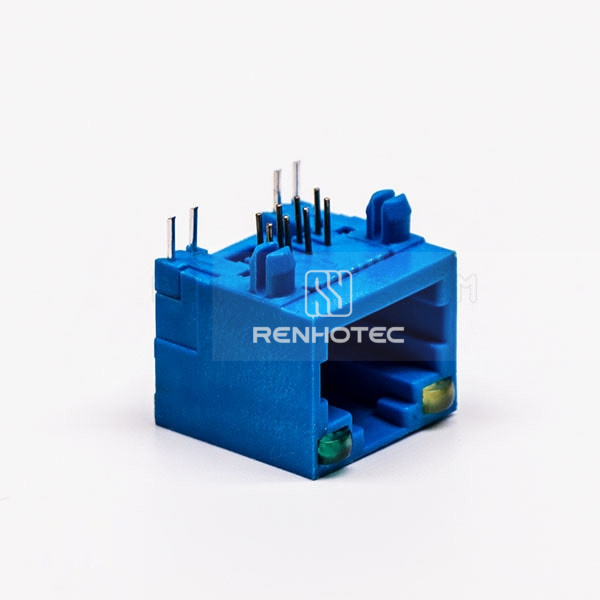 Female RJ45 Connector 1 Port 90 Degree Blue without Shield and With LED for PCB