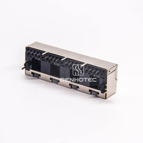 RJ45 Through Hole Network Jack Shielded 4 Port with EMI DIP PCB Mount