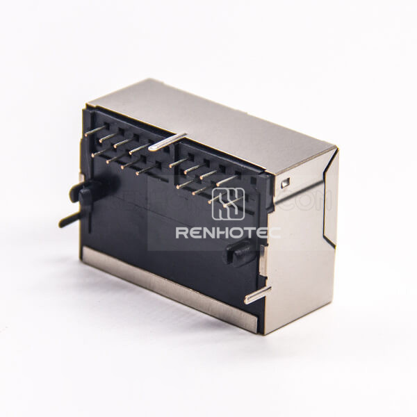 Dual Port RJ45 Connector Shielded Angled Through Hole PCB Mount