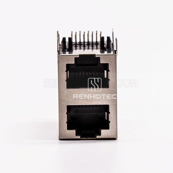 2 Port RJ45 Connector PCB Right Angle Double Row with Shield and Without LED