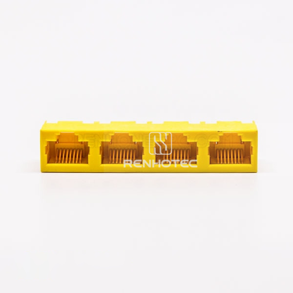 180 Degree RJ45 Female Socket Connector 4 Port 8P Yellow Unshield Without LED