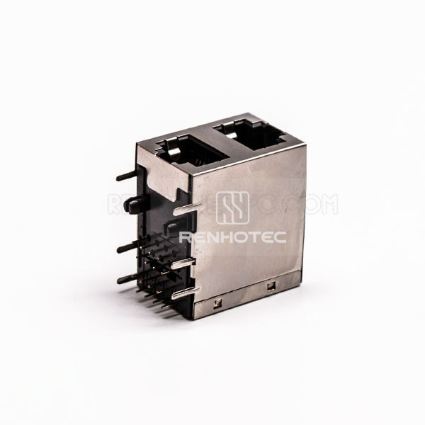 2 Port RJ45 Connector PCB Right Angle Double Row with Shield and Without LED