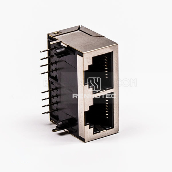 8P RJ45 Female Connectors 90 Degree 2 Port without LED and with Shield for PCB