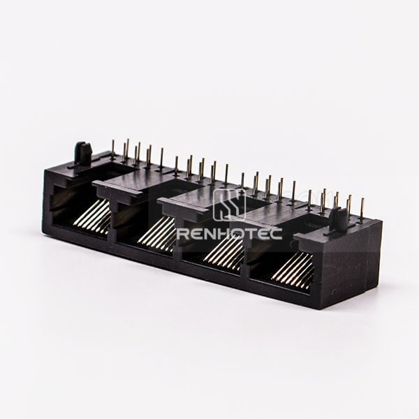 Female RJ45 4 Port Connector 1*4 Black 90° Unshield Without LED for PCB Mount