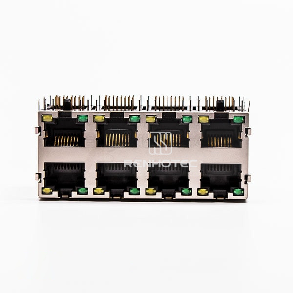 Female Right Angle RJ45 8 Pin Connector 8 Port Gold Plated with Shield and LED for PCB