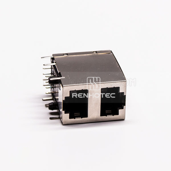 2 Port RJ45 Connector PCB Right Angle Double Row with Shield and Without LED