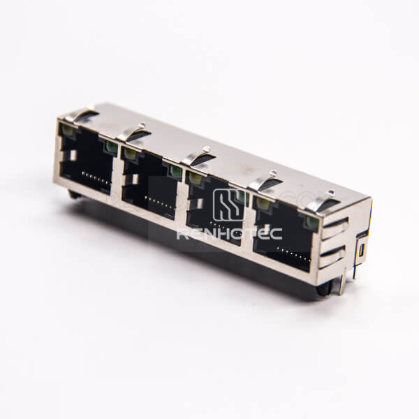 4 Port RJ45 PCB with EMI Right Angle Through Hole with EMI