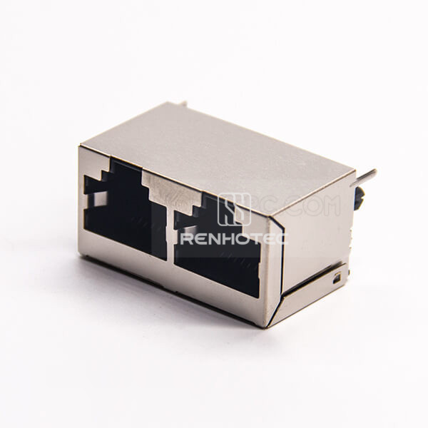 RJ45 Dual Port 1*2 Vertical Shielded Shell Through Hole PCB Mount