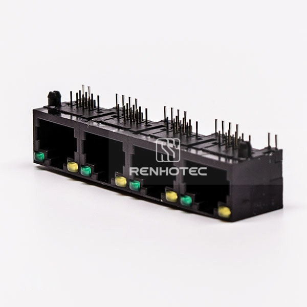 Unshield 4 RJ45 Female Connector 4 Port 1*4 Black Right Angle With LED for PCB