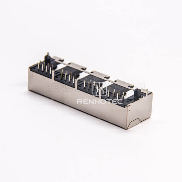 RJ45 Through Hole Network Jack Shielded 4 Port with EMI DIP PCB Mount