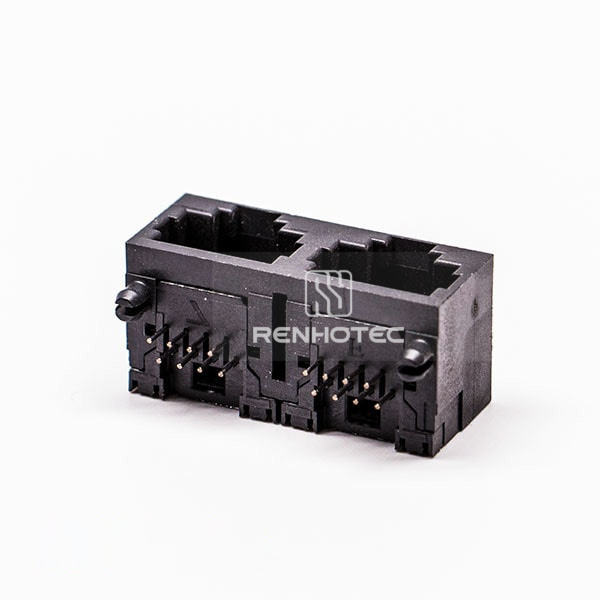 90 Degree RJ45 Connector Female 2 Port 8P Black Gold Plated Unshield Without LED