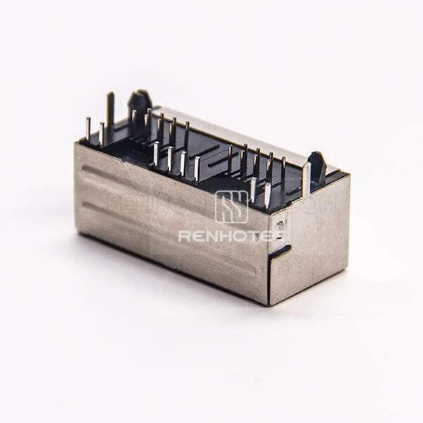 Dual RJ45 Connector PCB DIP Type Right Angle with LED Shielded 1x2 Port