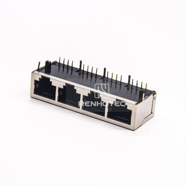 RJ45 4 Port Shielded Female Connector Right Angle 8p8c DIP PCB Mount Without LED