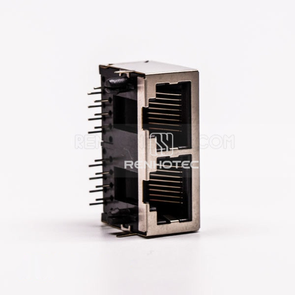 2 Port RJ45 Female Connector 90° with Shield and Without LED for PCB Mount
