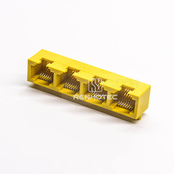 4 Port RJ45 Ethrenet Netword Socket Yellow Plastic Angled DIP for PCB Mount