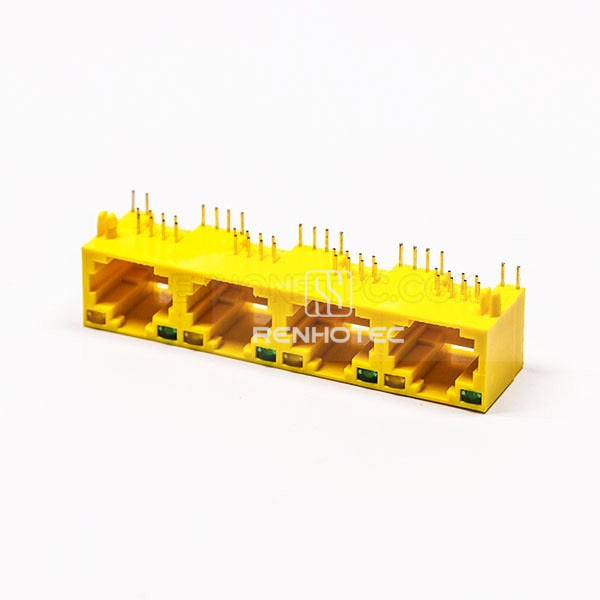 90 Degree RJ45 Female 4 Port Connector 4 Port 8P Yellow Unshield With LED