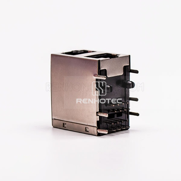 2 Port RJ45 Connector PCB Right Angle Double Row with Shield and Without LED