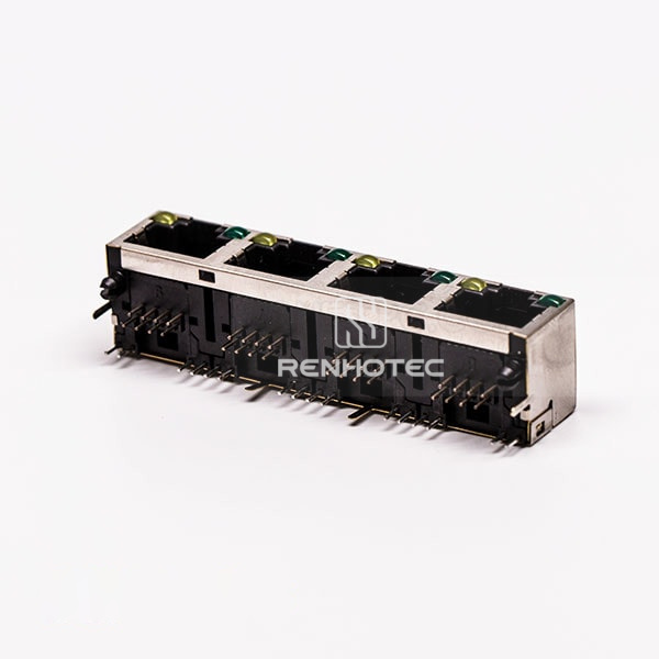 4 Port RJ45 Connector Female Right Angle 8P with Shield With LED for PCB