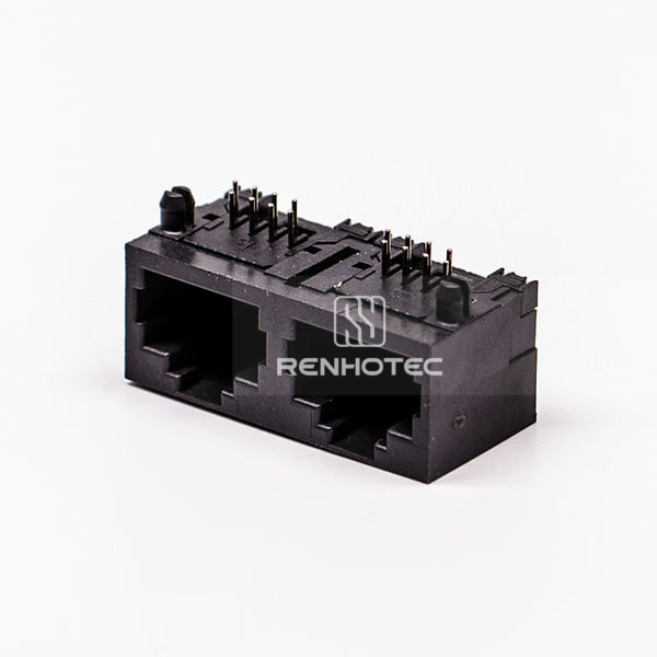 90 Degree RJ45 Connector Female 2 Port 8P Black Gold Plated Unshield Without LED